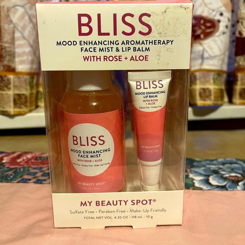 Bliss mood enhancing aromatherapy face mist & lip balm with rose + aloe. NIB